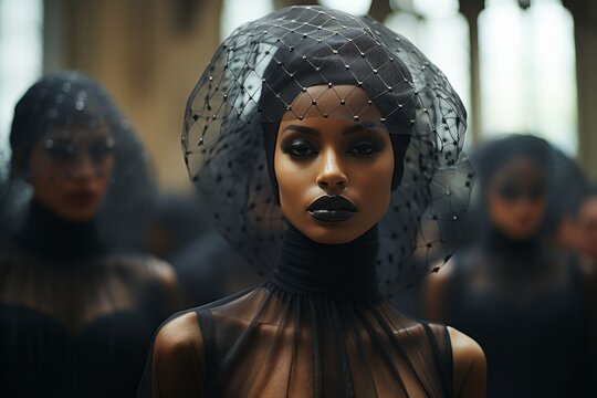 a woman in a black dress with a veil on her head