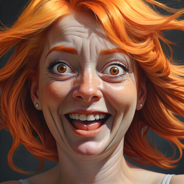 Una mujer con un rostro muy emotivo de pelo naranja