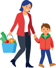 Mother And Child Shopping Together Holding Hands On White Background