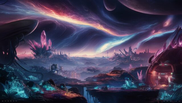 a fantastical alien landscape with a seamless space background, incorporating distinct layers to enhance the design for a game application