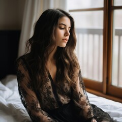 a woman in a black lace dress sitting on a bed
