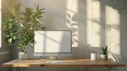 Fototapeta premium A cozy and minimalist home office setup featuring a wooden desk with a computer in the living room. Perfect for remote work or studying.