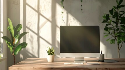 Fototapeta premium Minimalist wooden computer desk in living room.