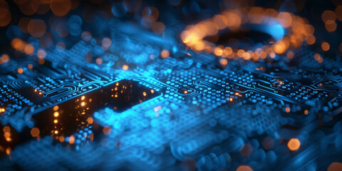 Key in blue technology background. Digital security and data protection concept.  