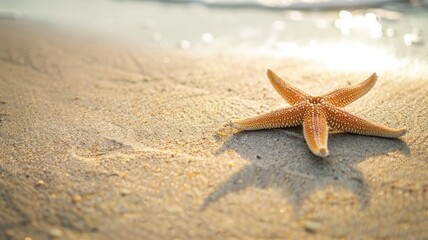 Starfish on sandy beach near water with sunlight