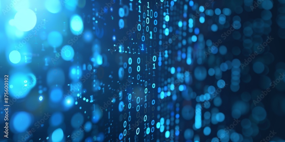 Fototapete Blue background with binary code, data flow and computer screen. Abstract digital technology concept.