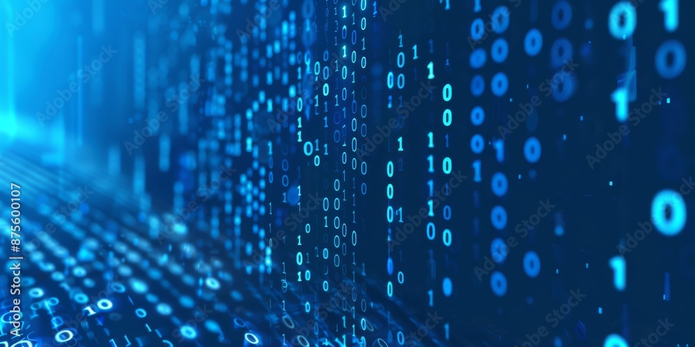 Fototapete Blue background with binary code, data flow and computer screen. Abstract digital technology concept.