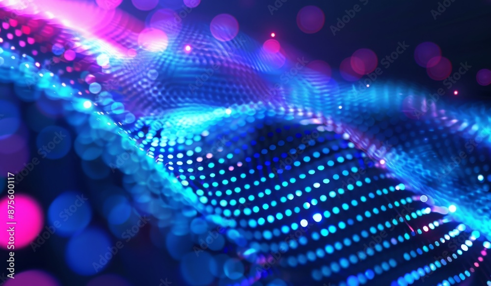 Poster blue and purple gradient background with dots and wavy lines creating a glowing effect. abstract dig