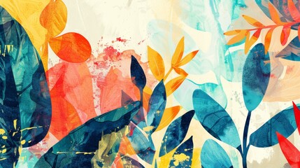 Abstract art collage with watercolor botanical background. Colorful and organic background for presentations and marketing materials.