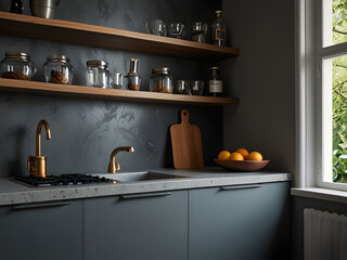 Chic Gray Kitchen with Bar - Close Up