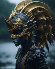 Fototapeta premium a woman in a gold and black mask standing in the water