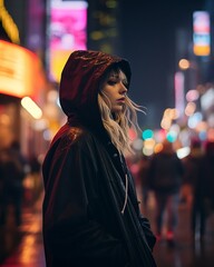 a woman in a hoodie standing in the middle of a city street at night