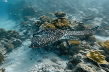 A fish with black spots is swimming in the ocean. The fish is surrounded by coral and other sea creatures