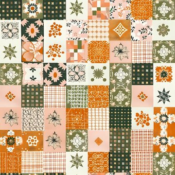 Whimsical Floral and Geometric Tile Quilt Background