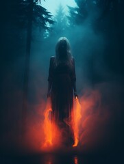 a woman in a long dress standing in the dark with fire coming out of her hands