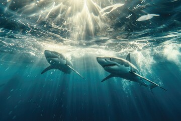 Fototapeta premium Two sharks swimming in the ocean. The sharks are in the water and the sun is shining on them