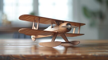 Detailed wooden model airplane sits on polished surface with blurry background