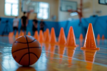 Basketball training equipment on wooden parquet court with players and coach in practice game
