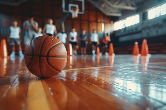 Basketball training equipment on wooden court with cones, ball, players, and coach in practice game