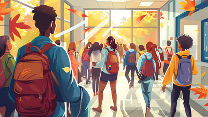a bustling school hallway filled with diverse students wearing backpacks, walking through bright autumnal light, capturing the energy of school life