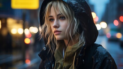 Fototapeta premium a woman in a rain jacket standing on a street at night