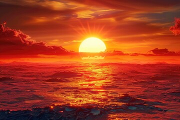 A beautiful sunset over the ocean with a large sun in the sky. The sky is filled with clouds and the water is calm