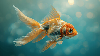 Ultra Realistic Goldfish on Turquoise Background with Bright Colors in Studio Shot