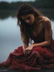 a woman in a red dress sitting on a dock by a lake