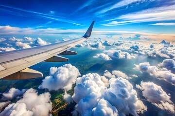 Airplane Wing and Winglet Above Fluffy Clouds and Blue Sky