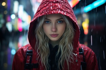 a woman in a red hooded jacket in the rain