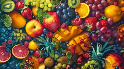 A mix of different fresh fruits creating a colorful and vibrant background