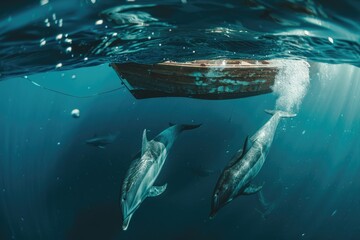 Fototapeta premium A boat is in the water with a group of dolphins swimming around it. The scene is peaceful and serene, with the dolphins seemingly enjoying their time in the water