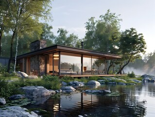 Fototapeta premium Tranquil Nordic Cabin Overlooking Serene Lake in Pastoral Landscape