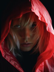 a woman in a red hoodie