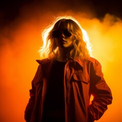 a woman in a red jacket and sunglasses standing in front of a bright orange light