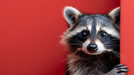 Obraz premium Adorable raccoon peeking out from red background, perfect for pet or animal store banner