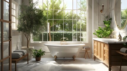 Fototapeta premium Luxurious and Serene Bathroom Oasis Overlooking a Lush Garden
