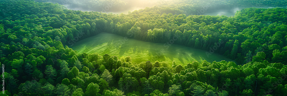 Wall mural Aerial view of a beautiful green forest and winding river, showcasing natural beauty and tranquility