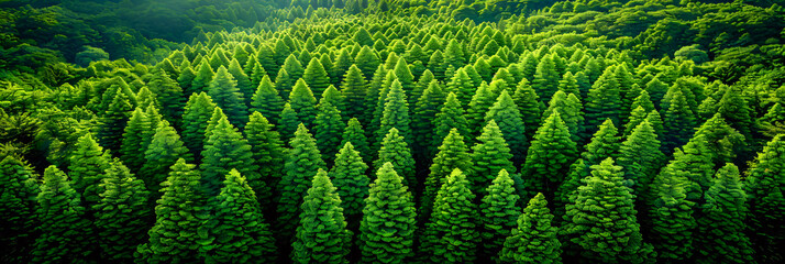Dense green forest with tall pine trees, representing natures beauty and wilderness