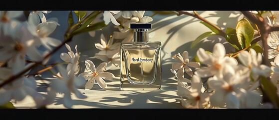 Perfume Bottle with White Flowers in Soft Light.