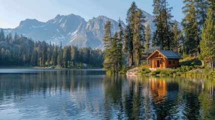 Fototapeta premium Tranquil Summer Getaway: Cabin by Lakeside Serenity