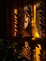 a woman in a yellow dress looking out the window