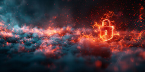 Safety protection and information privacy concept with digital padlock in shield on abstract dark background with technological virtual fog and space for advertising text. 3D rendering, mock up 