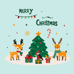 Set of Merry Christmas tags, icons and cards with hand drawn elements. Vector illustration