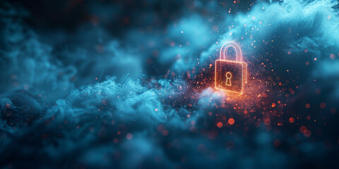 Safety protection and information privacy concept with digital padlock in shield on abstract dark background with technological virtual fog and space for advertising text. 3D rendering, mock up 