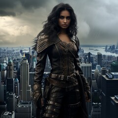 a woman in leather clothes standing in front of a city