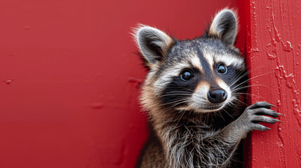 Obraz premium Adorable raccoon peeking out of a red background, portrait shot for animal store banner