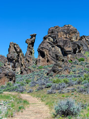 Hiking trail through the unusual formations at the Little City of Rocks near Gooding, Idaho, USA