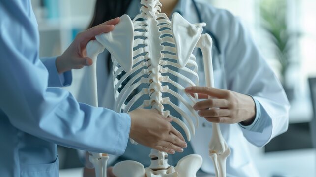 Physical therapist consultation, Spine health and treatment Doctor explaining spine anatomy for treatment plan.