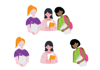 フラットな書類を抱えて立つ若い白人女性　黒人女性　日本人女性　NOっ小阪神　切り抜き　イラスト
